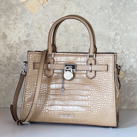 Michael Kors Hamilton MD Crocodile-Embossed Shoulder Bag Camel - Picture 4 of 14